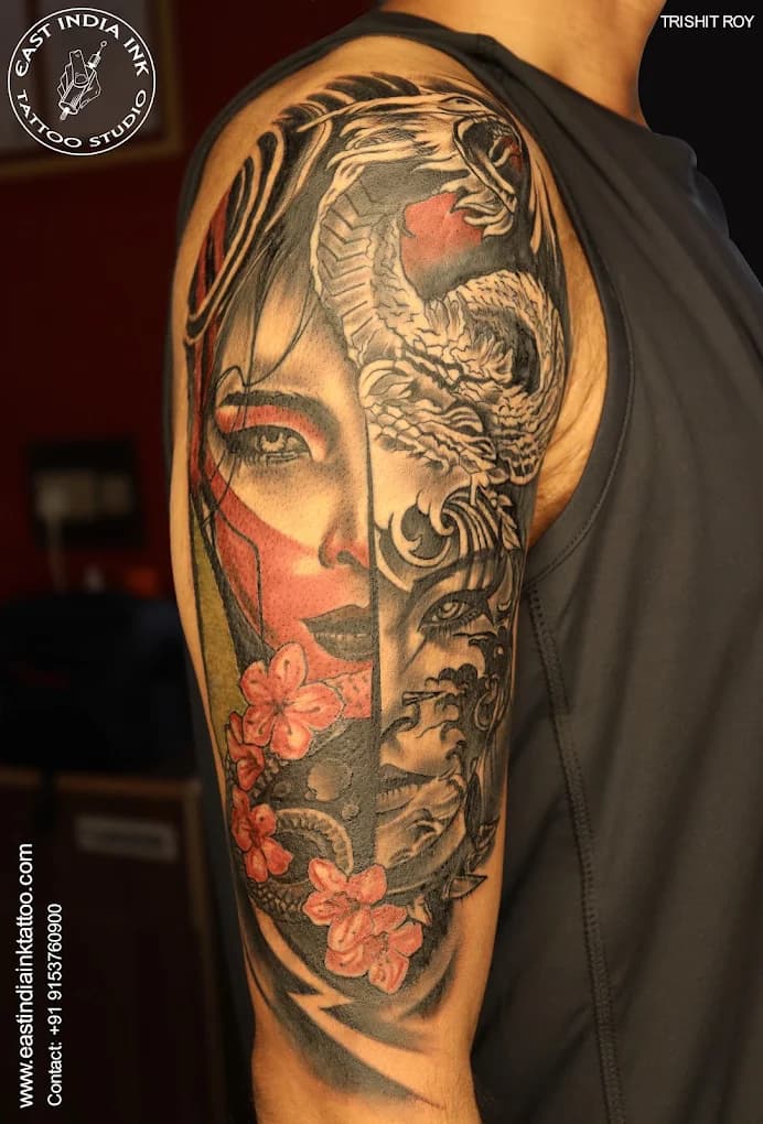 Neo-Irezumi Geisha and Ryu Dragon masterwork tattoo by Trishit Roy