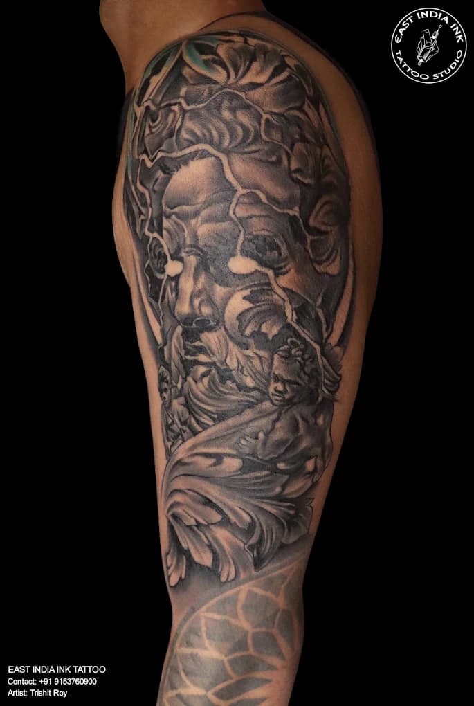 Classical Zeus marble sculpture forearm realism tattoo