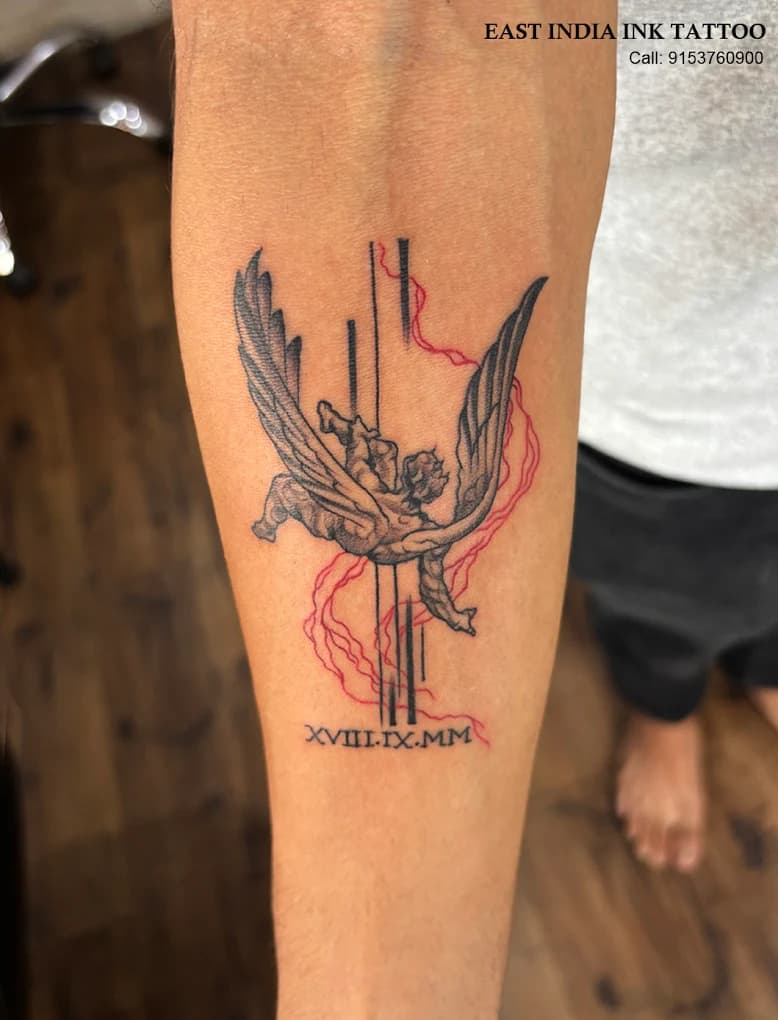 The Fall of Icarus with dramatic lighting tattoo