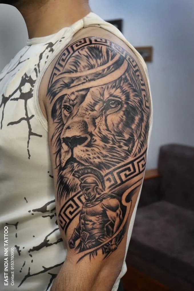 Hyper realistic Spartan warrior and sovereign lion tattoo