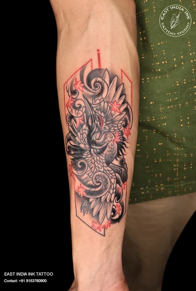 Karasu Tengu warrior demon and red maple leaf tattoo